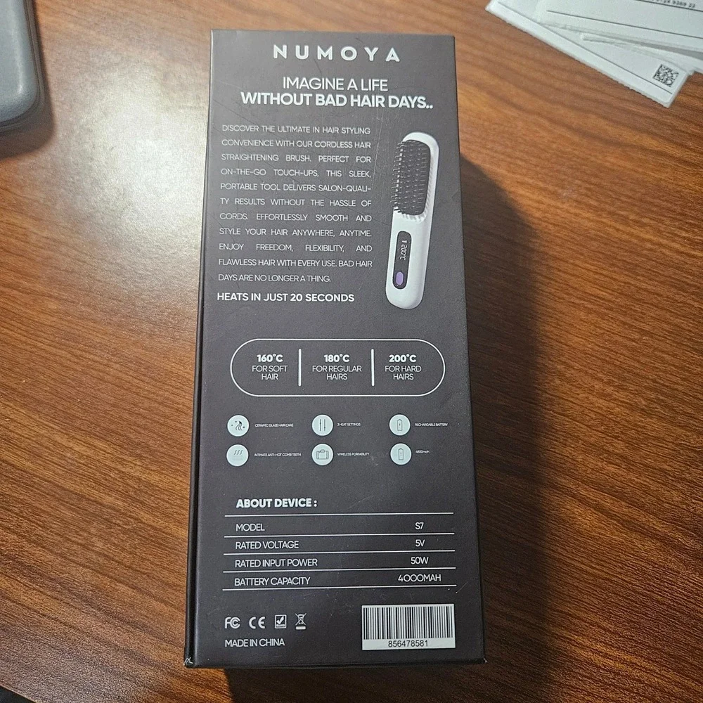Numoya GoBrush Pro Hair Straightener Brush Unisex White Cordless Portable S7